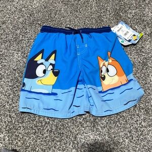 Bluey Swim Trunks Boys 6/7 Blue Colorblock Cartoon Character Board Shorts Print